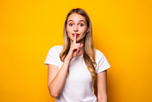 Portrait of a smiling young woman showing silence gesture  isolated over yellow wall