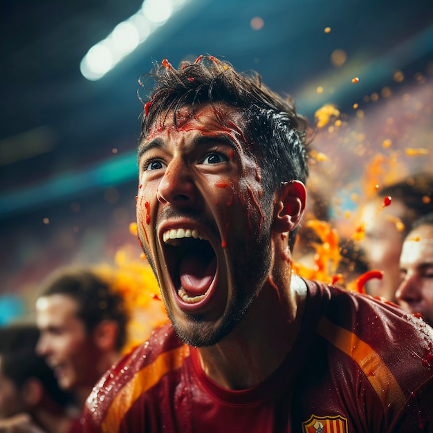 Foto gratuita ritratto del tifoso del gioco di calcio che gode della partita