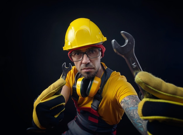 The portrait in the studio on a black background of a man in overalls and a construction helmet with tools in his hands