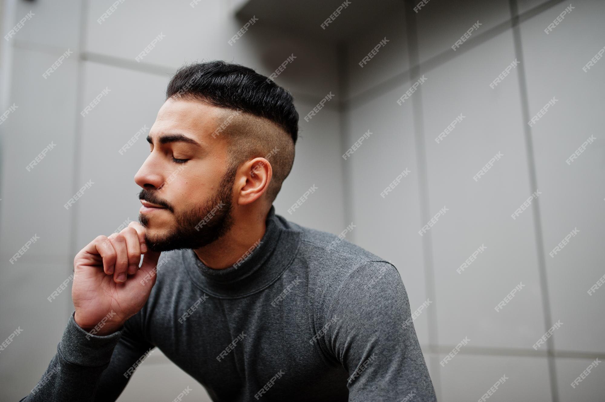 Free Photo | Portrait of stylish arab beard man wear grey turtleneck arabian  model guy against steel wall