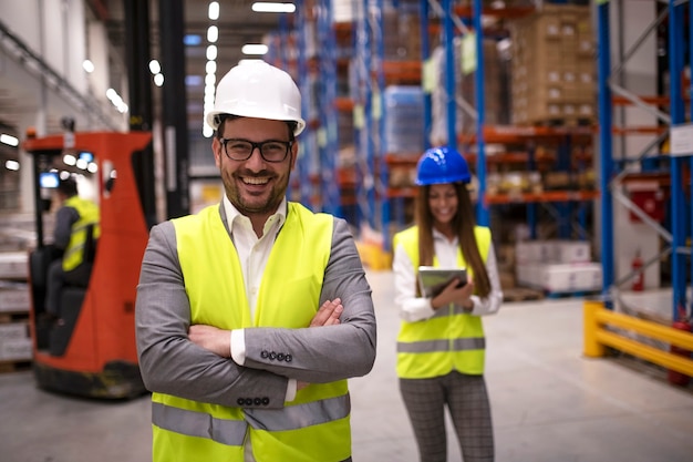 Portrait of successful warehouse worker or supervisor with crossed arms standing in large storage distribution area