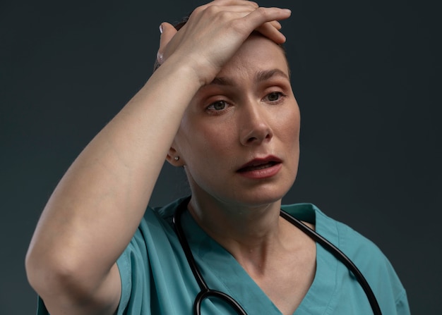 Портрет страдающей женщины-врача