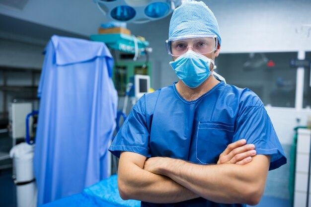 Portrait of surgeon standing with arms crossed in operation room