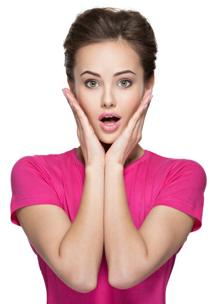 Portrait of the surprised emotions  on woman face isolated