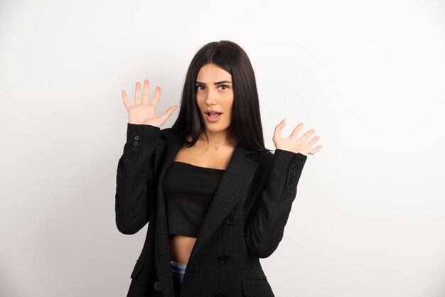 Portrait of surprised girl posing on white background. High quality photo