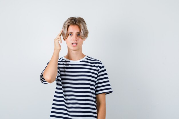 Portrait of teen boy keeping fingers on head in t-shirt and looking bewildered front view