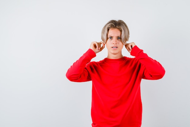 Portrait of teen boy pulling down earlobes in red sweater and looking inquiring front view