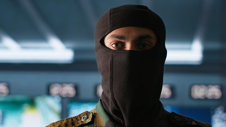 Free Photo portrait of terrorist loading gun attacking enemy command center close up