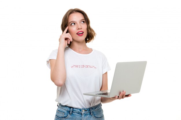 Portrait of a thoughtful woman holding laptop computer