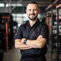 Free photo portrait of tire worker in a garage ai generated