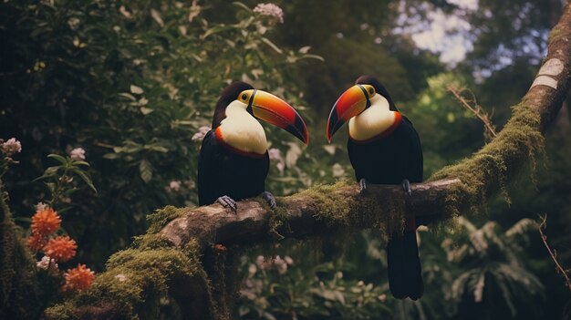 Portrait of toucan birds on branch
