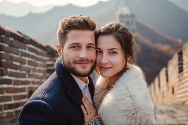 Foto gratuita ritratto di una coppia di turisti che visitano la grande muraglia cinese