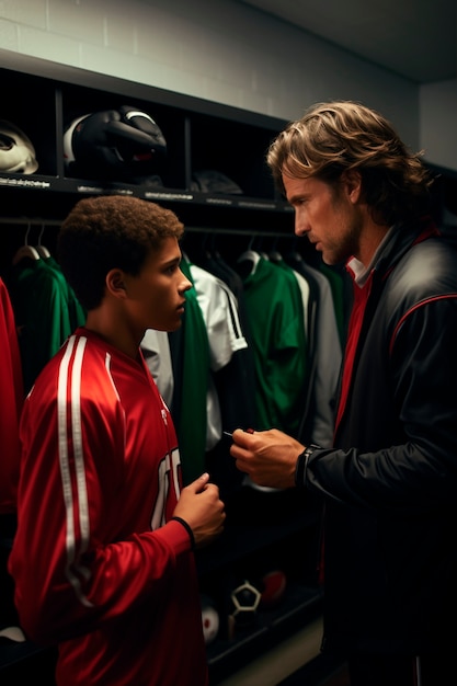 Free photo portrait of trainer talking to football player