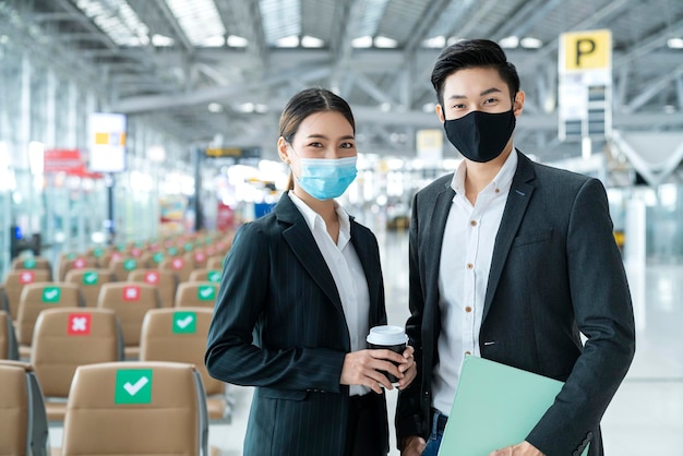 두 아시아 사업가의 초상화는 공항 터미널 배경이 흐릿한 새로운 정상적인 생활 방식으로 카메라를 보며 환대와 자신감을 갖고 미소를 보호하는 얼굴 마스크 바이러스를 착용합니다.