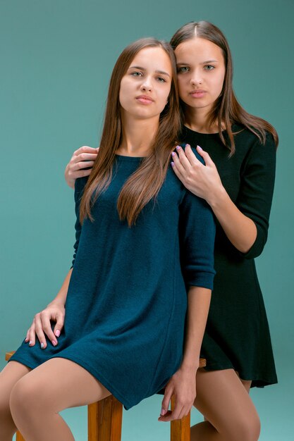 Portrait of two beautiful twin young women