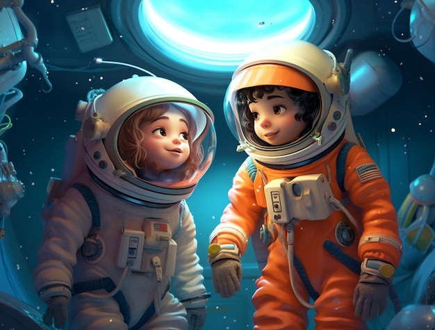 Free photo portrait of two child astronauts in space suits