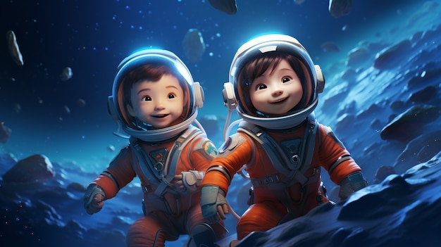 Портрет двух детей-астронавтов в космических костюмах