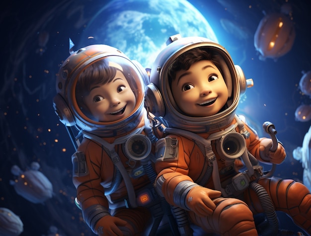 Free photo portrait of two child astronauts in space suits