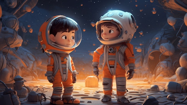 Free photo portrait of two child astronauts in space suits