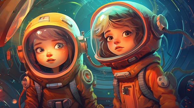 Free photo portrait of two child astronauts in space suits