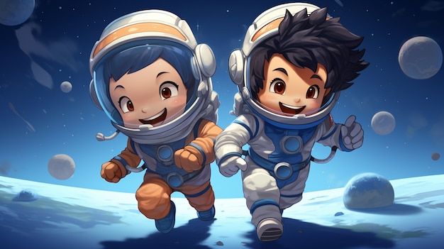 Free photo portrait of two child astronauts in space suits