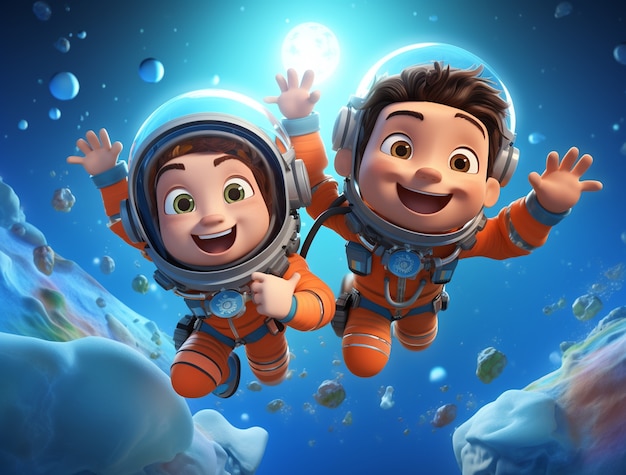 Free photo portrait of two child astronauts in space suits