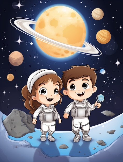 Free photo portrait of two child astronauts in space suits