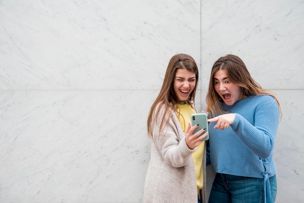 Free photo portrait of two girls in front of a wall