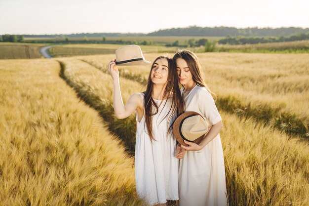 Portrait of two sisters in white dresses with long hair in a field