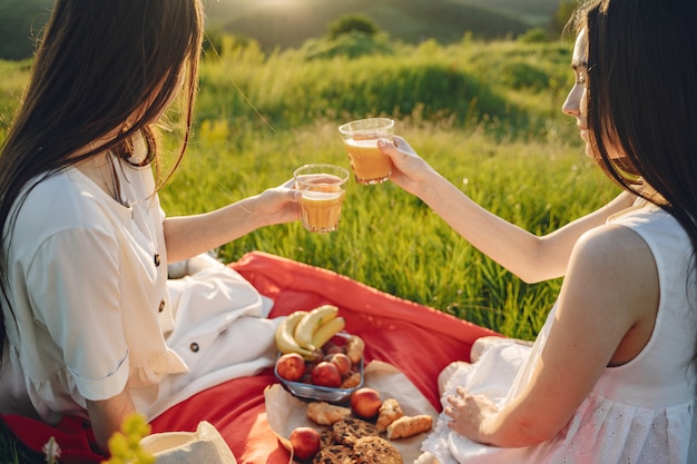 Portrait of two sisters in white dresses with long hair in a field