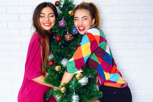 Free photo portrait of two young women embracing a christmas tree