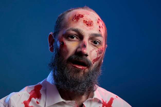 Портрет нежити страшного человека-зомби, позирующего с кровавыми шрамами и жутким костюмом на Хэллоуин, выглядящим опасным и апокалиптическим. Ужас агрессивный смертоносный труп монстра, поедающий мозг.