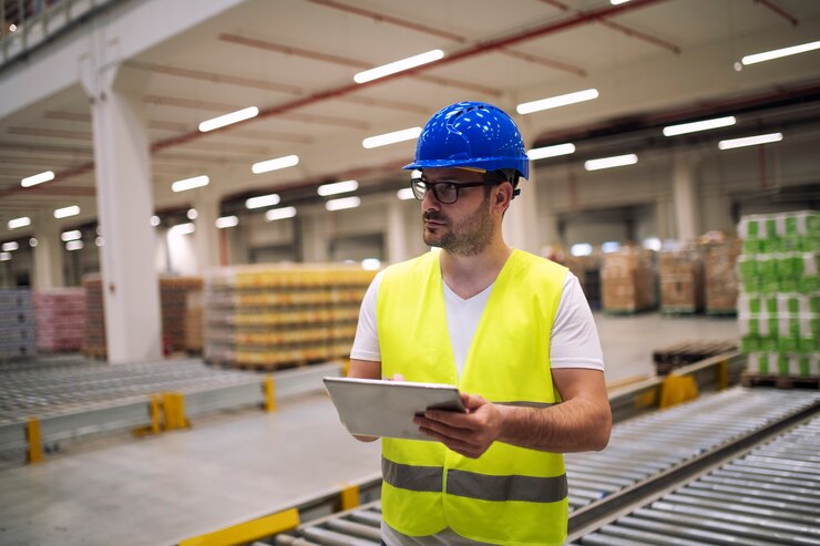 Free Photo portrait of warehouse worker with tablet standing in storage department