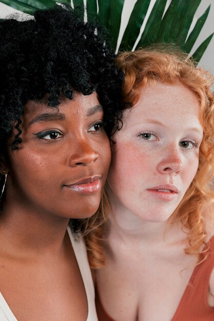 Portrait of white and dark skinned women face