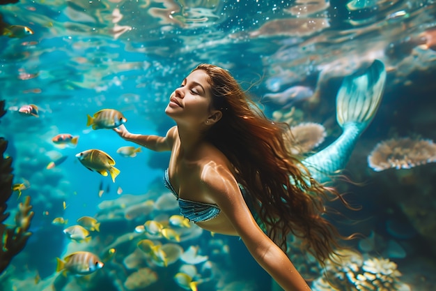 Free photo portrait of woman as a fantastic mermaid creature with tail