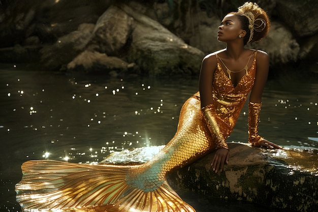 Free photo portrait of woman as a fantastic mermaid creature with tail