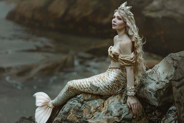 Free photo portrait of woman as a fantastic mermaid creature with tail