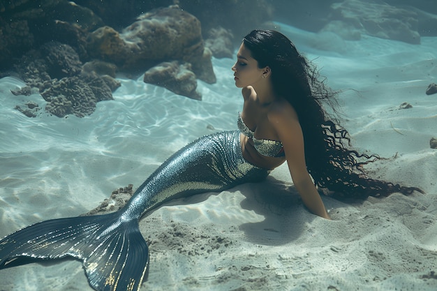 Free photo portrait of woman as a fantastic mermaid creature with tail