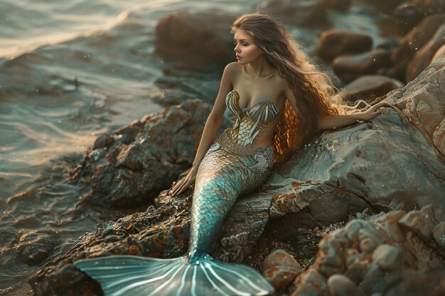 Portrait of woman as a fantastic mermaid creature with tail