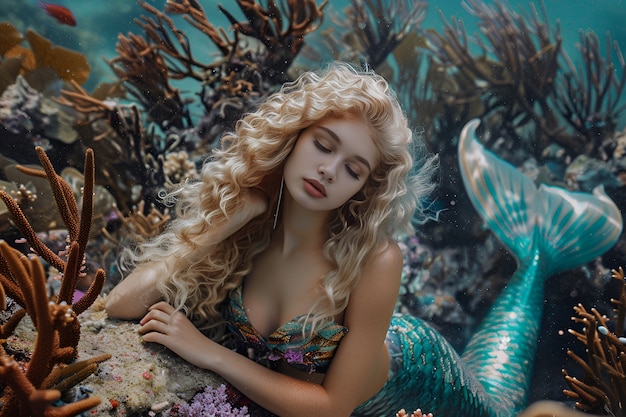 Portrait of woman as a fantastic mermaid creature with tail