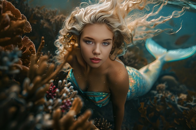 Portrait of woman as a fantastic mermaid creature with tail