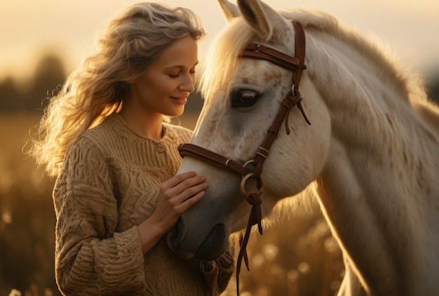 Foto gratuita ritratto di una donna che si prende cura del suo cavallo