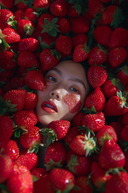 Portrait of  woman interacting with fruits