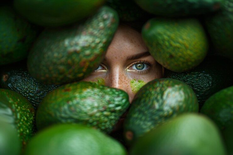 Free Photo portrait of  woman interacting with fruits