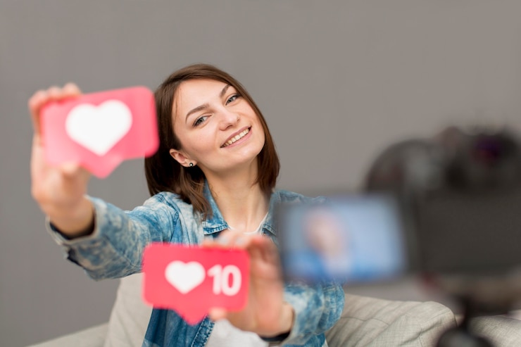 Free Photo portrait of woman recording for personal blog