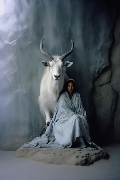 Free photo portrait of woman representing capricorn zodiac sign with ram