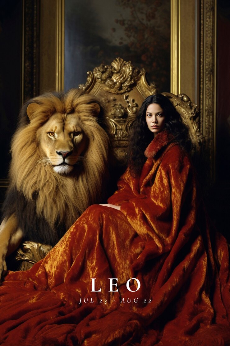 Free Photo portrait of woman representing leo zodiac sign with real lion