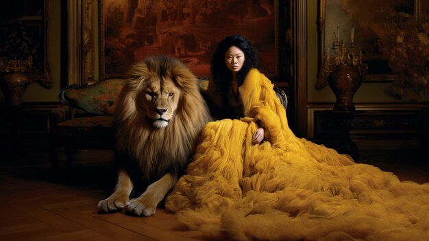 Portrait of woman representing leo zodiac sign with real lion