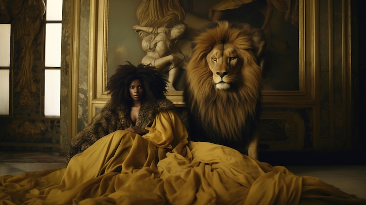 Free Photo portrait of woman representing leo zodiac sign with real lion