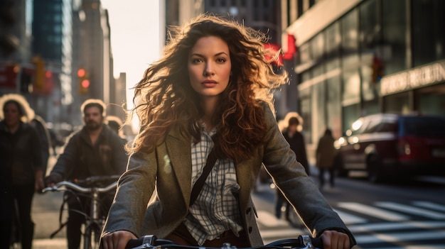 Ritratto di donna che guida la sua bicicletta a New York City